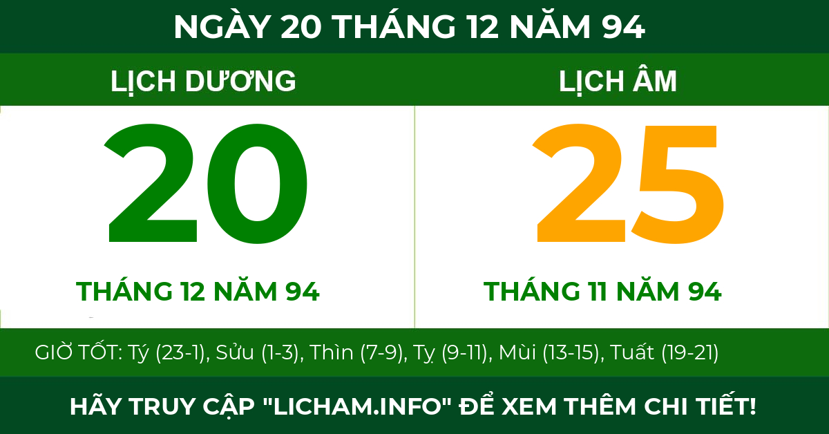lịch âm ngày 20 tháng 12 năm 94
