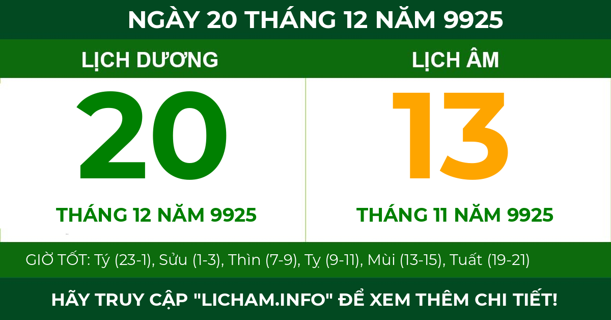 lịch âm ngày 20 tháng 12 năm 9925