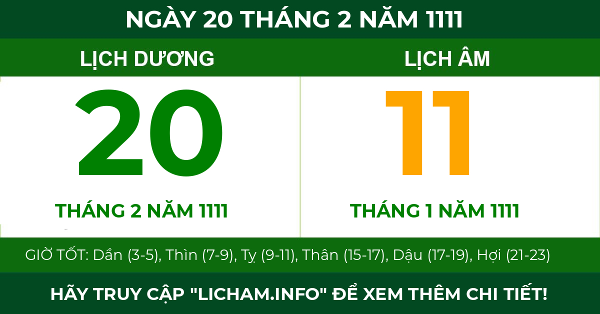 lịch âm ngày 20 tháng 2 năm 1111