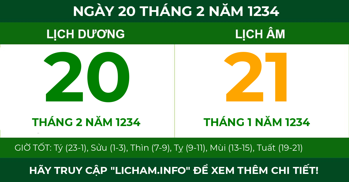lịch âm ngày 20 tháng 2 năm 1234