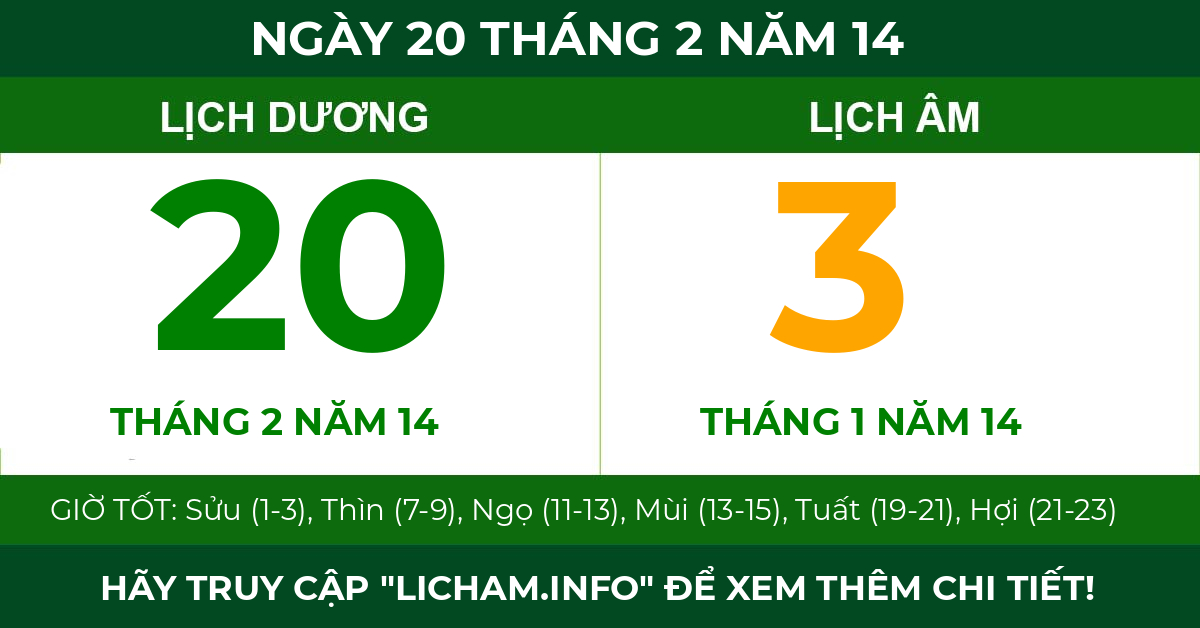 lịch âm ngày 20 tháng 2 năm 14