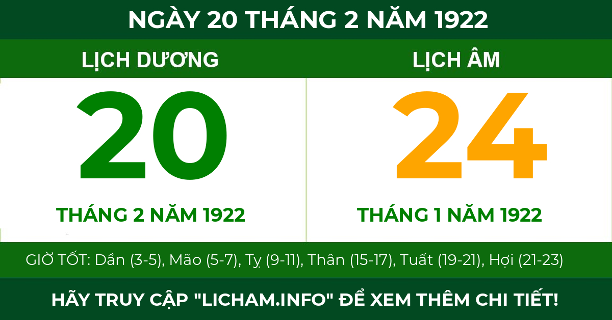 lịch âm ngày 20 tháng 2 năm 1922