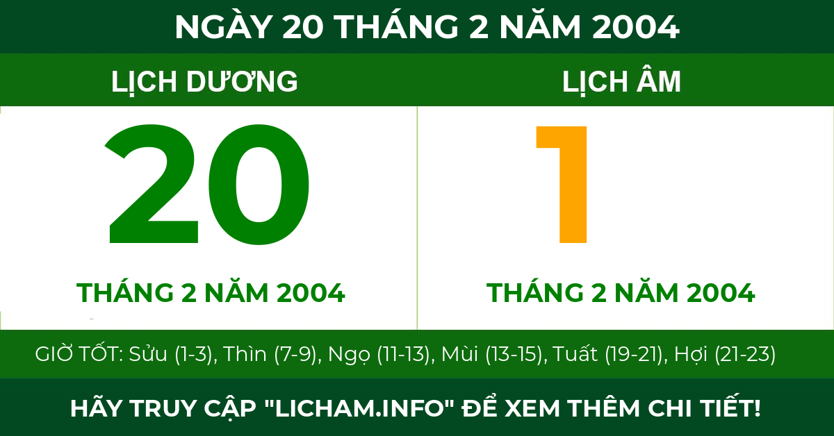 lịch âm ngày 20 tháng 2 năm 2004