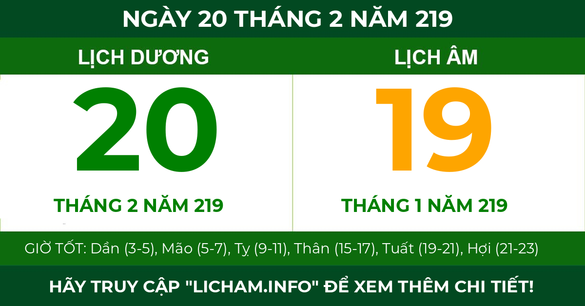 lịch âm ngày 20 tháng 2 năm 219