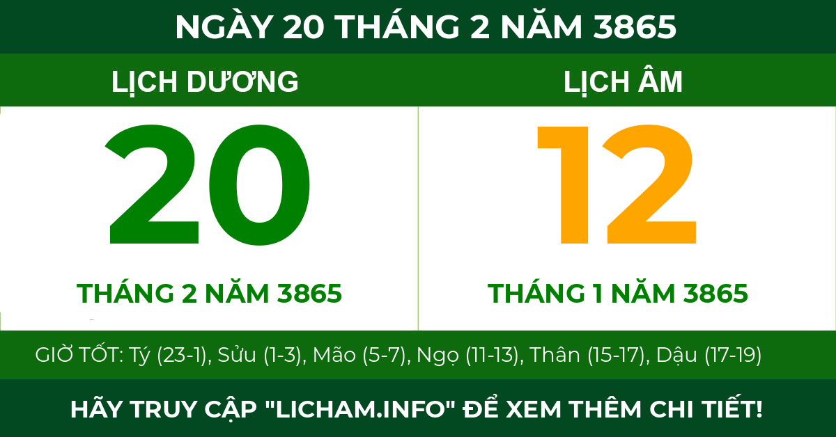lịch âm ngày 20 tháng 2 năm 3865