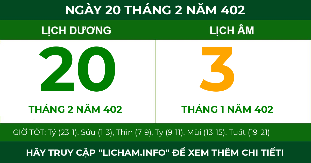 lịch âm ngày 20 tháng 2 năm 402
