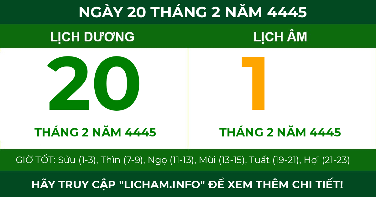 lịch âm ngày 20 tháng 2 năm 4445