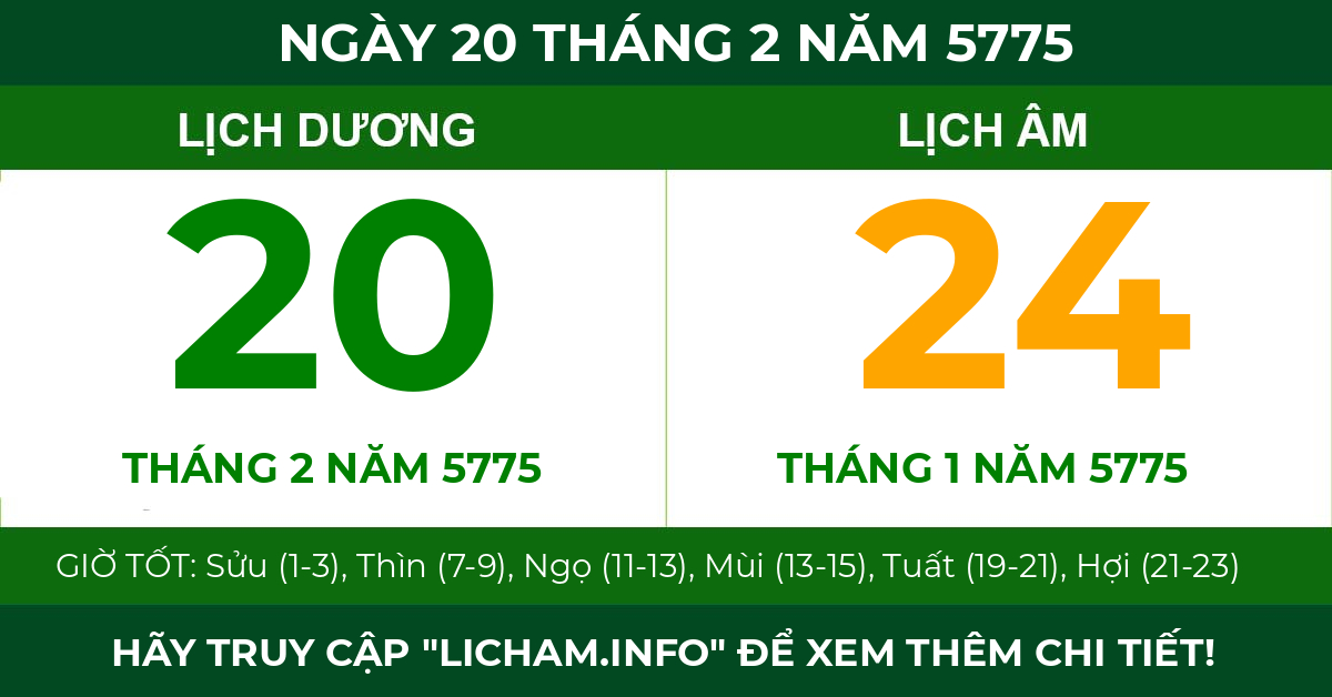 lịch âm ngày 20 tháng 2 năm 5775