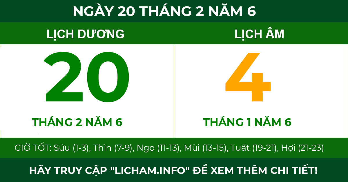 lịch âm ngày 20 tháng 2 năm 6