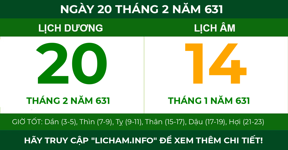 lịch âm ngày 20 tháng 2 năm 631
