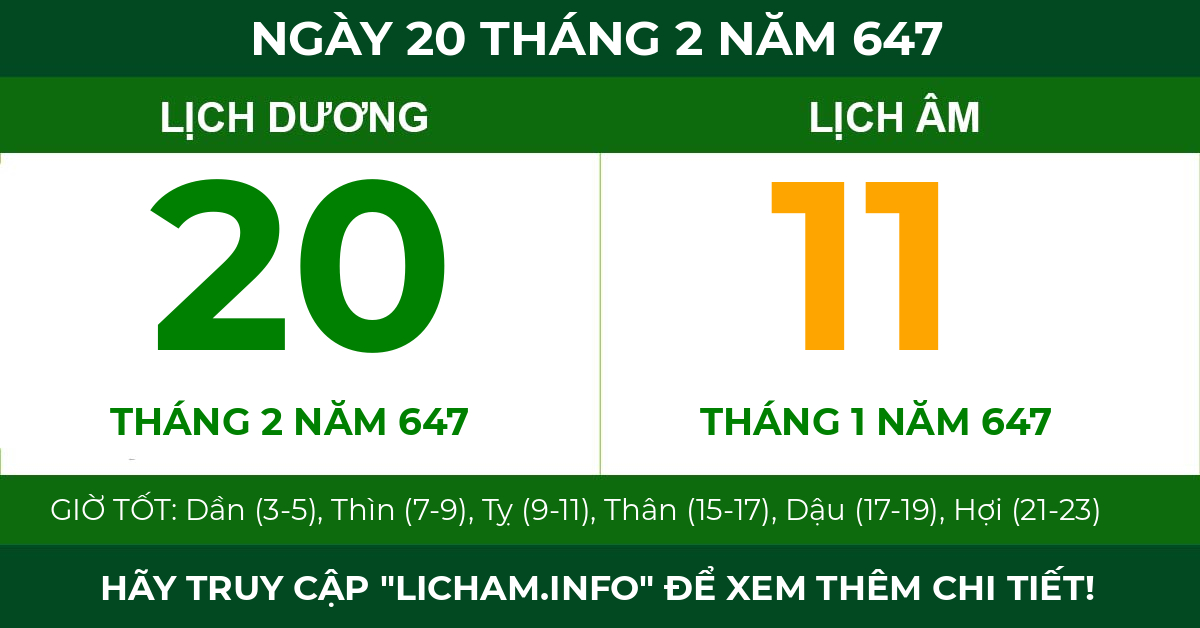 lịch âm ngày 20 tháng 2 năm 647