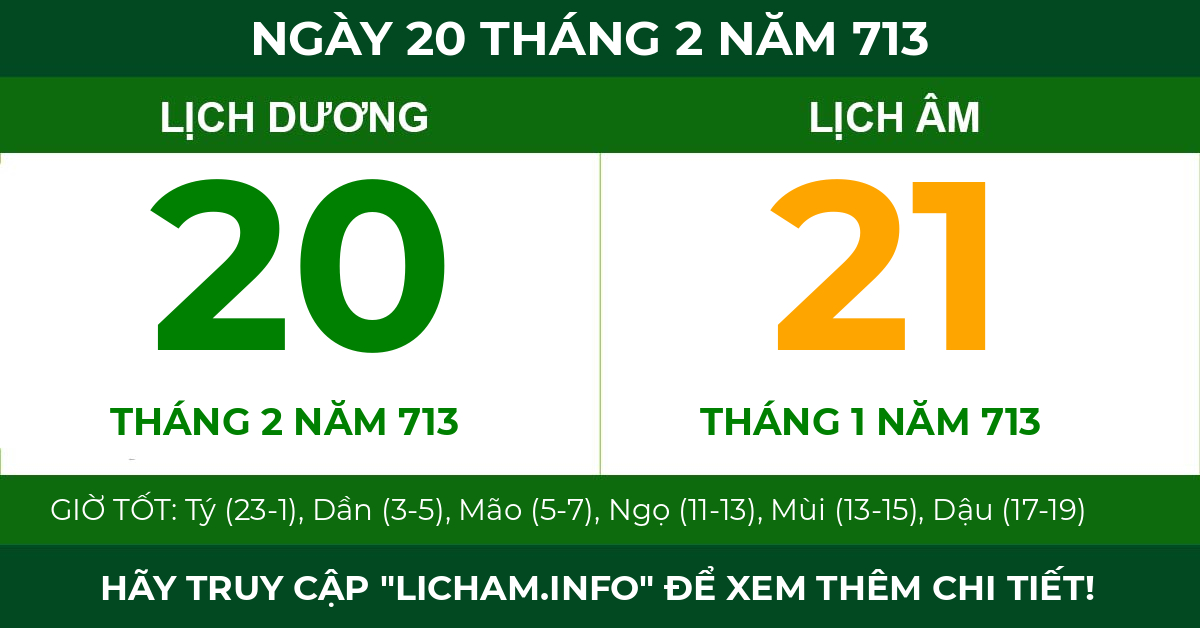 lịch âm ngày 20 tháng 2 năm 713