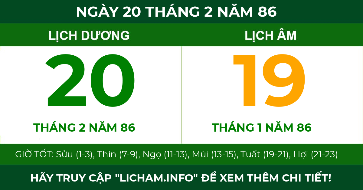 lịch âm ngày 20 tháng 2 năm 86