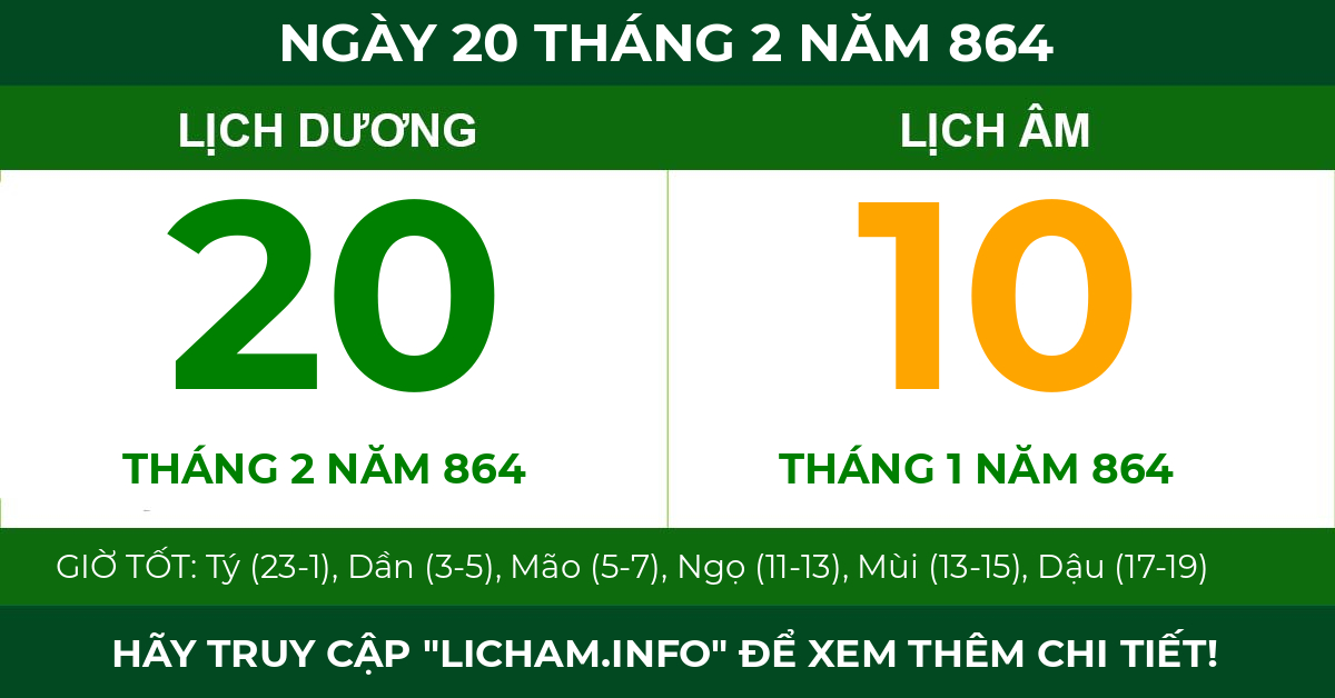 lịch âm ngày 20 tháng 2 năm 864