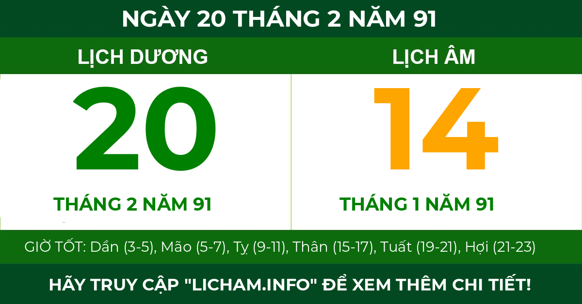 lịch âm ngày 20 tháng 2 năm 91