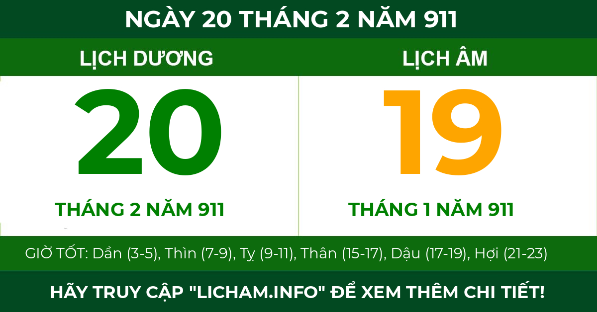 lịch âm ngày 20 tháng 2 năm 911
