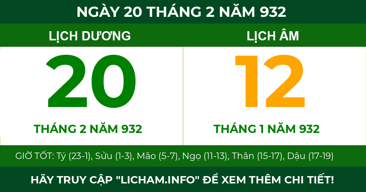 lịch âm ngày 20 tháng 2 năm 932
