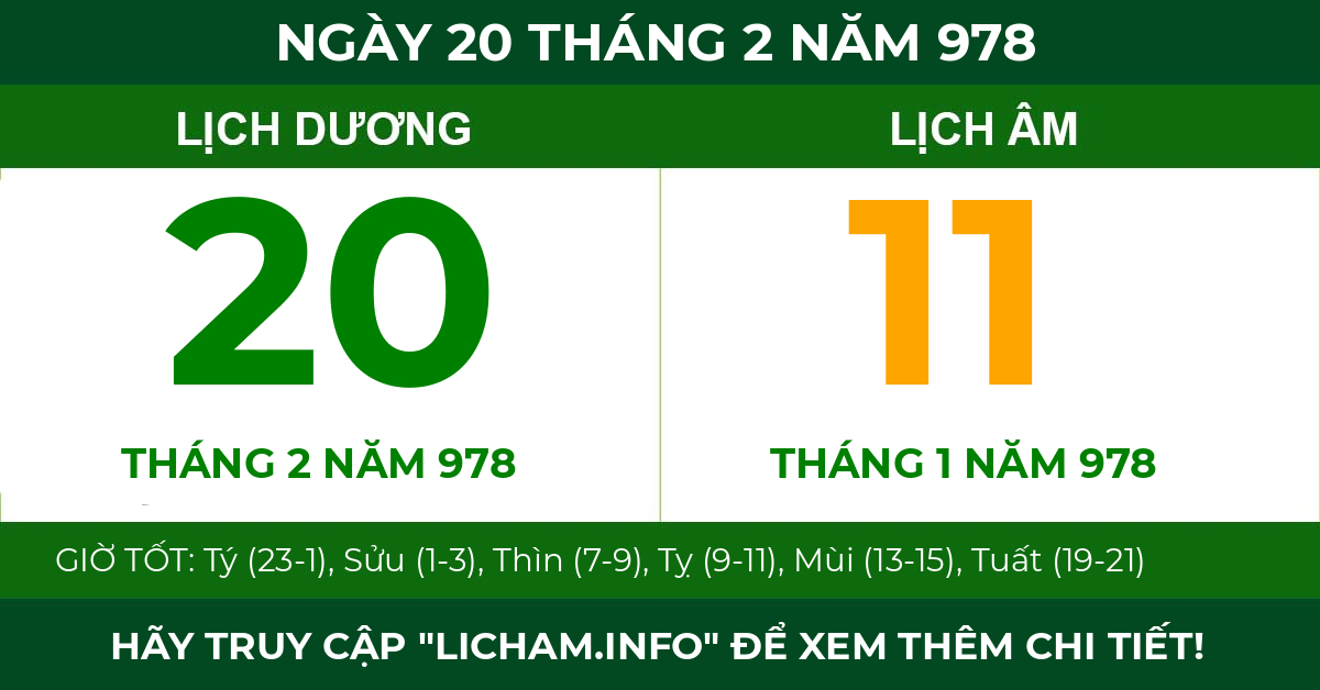 lịch âm ngày 20 tháng 2 năm 978