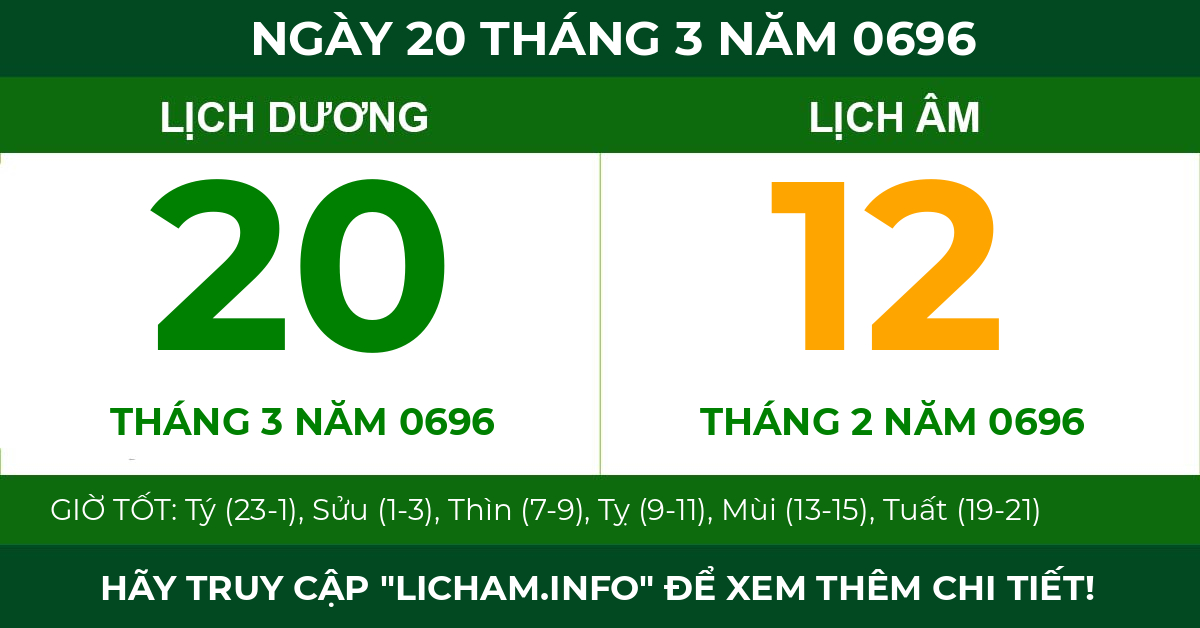 lịch âm ngày 20 tháng 3 năm 0696