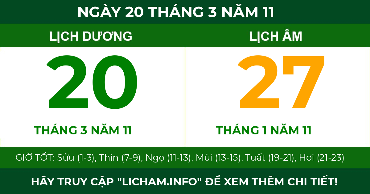 lịch âm ngày 20 tháng 3 năm 11