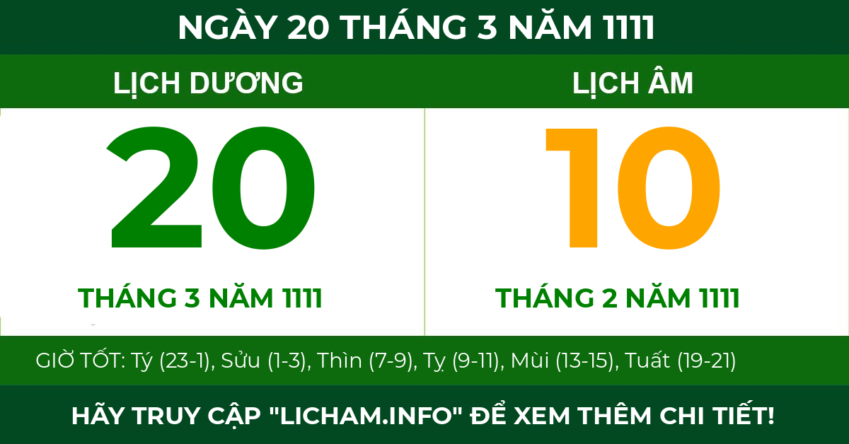 lịch âm ngày 20 tháng 3 năm 1111