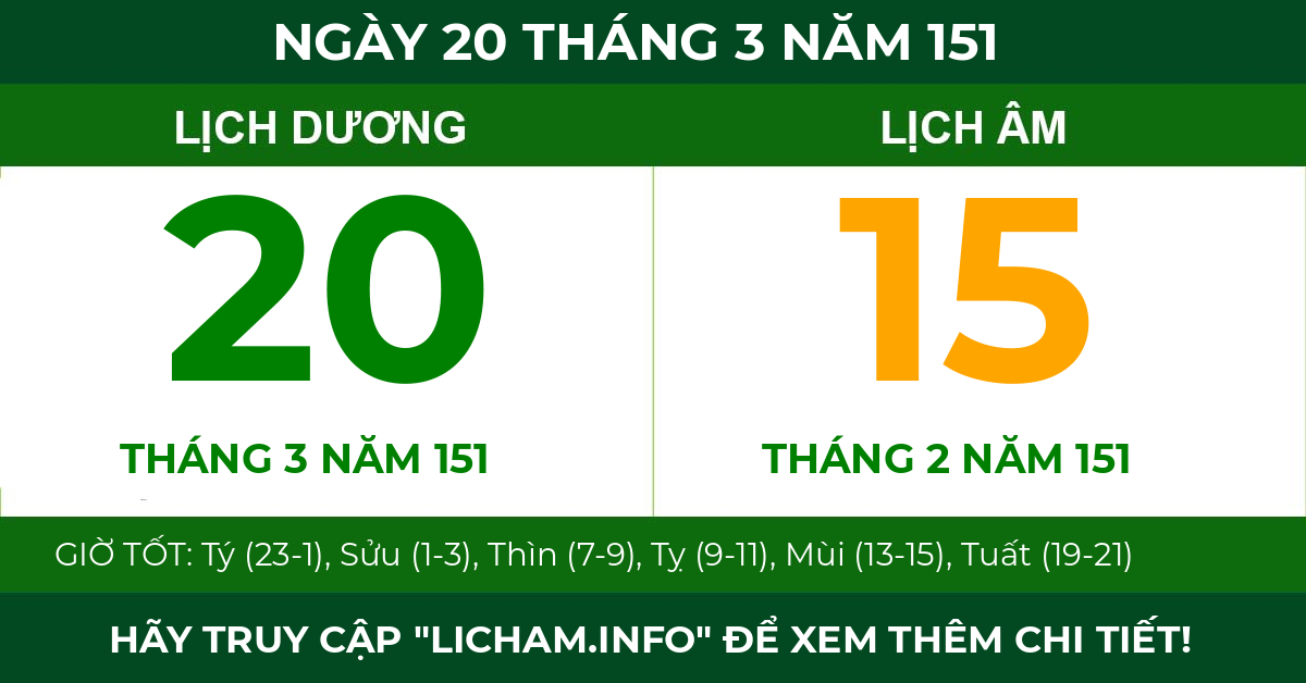 lịch âm ngày 20 tháng 3 năm 151