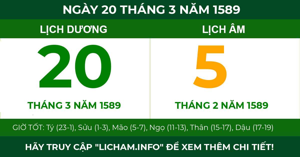 lịch âm ngày 20 tháng 3 năm 1589
