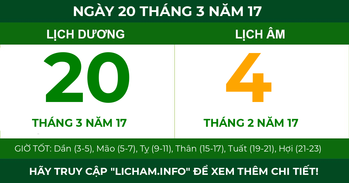 lịch âm ngày 20 tháng 3 năm 17