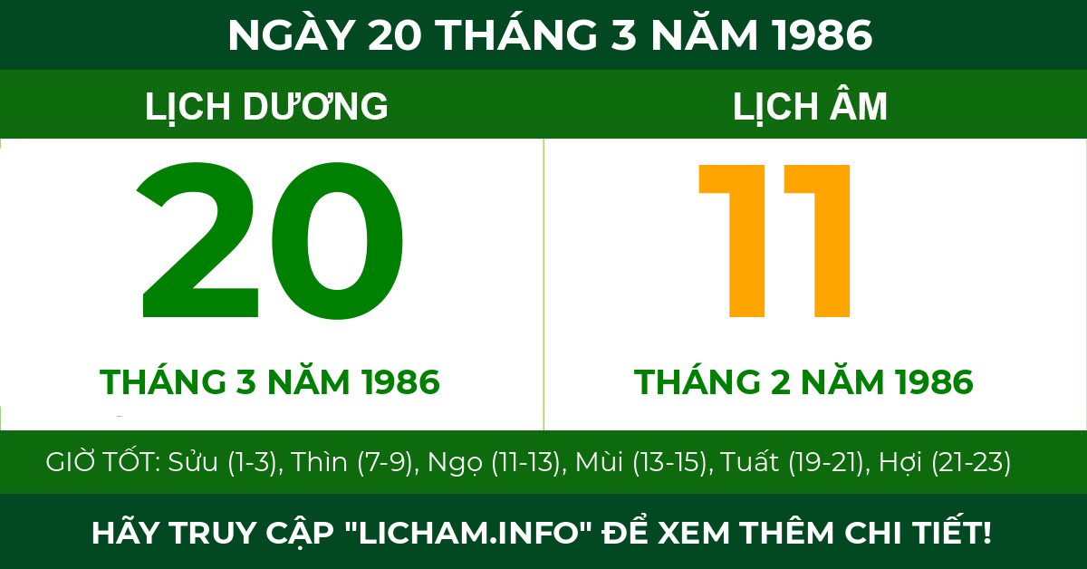 lịch âm ngày 20 tháng 3 năm 1986