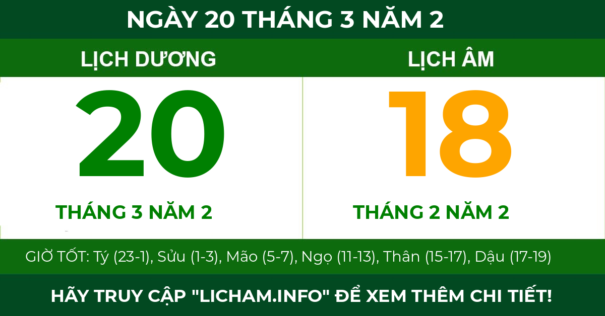 lịch âm ngày 20 tháng 3 năm 2