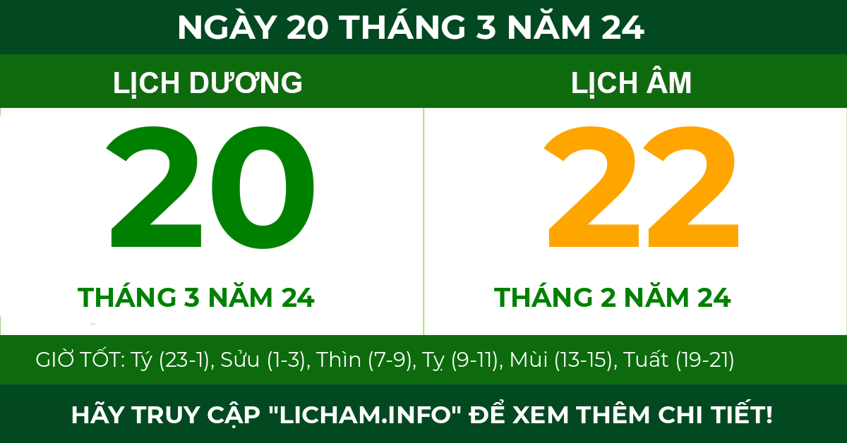 lịch âm ngày 20 tháng 3 năm 24