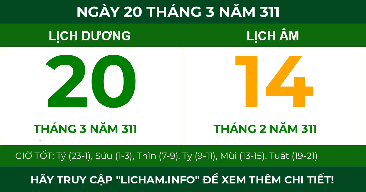 lịch âm ngày 20 tháng 3 năm 311
