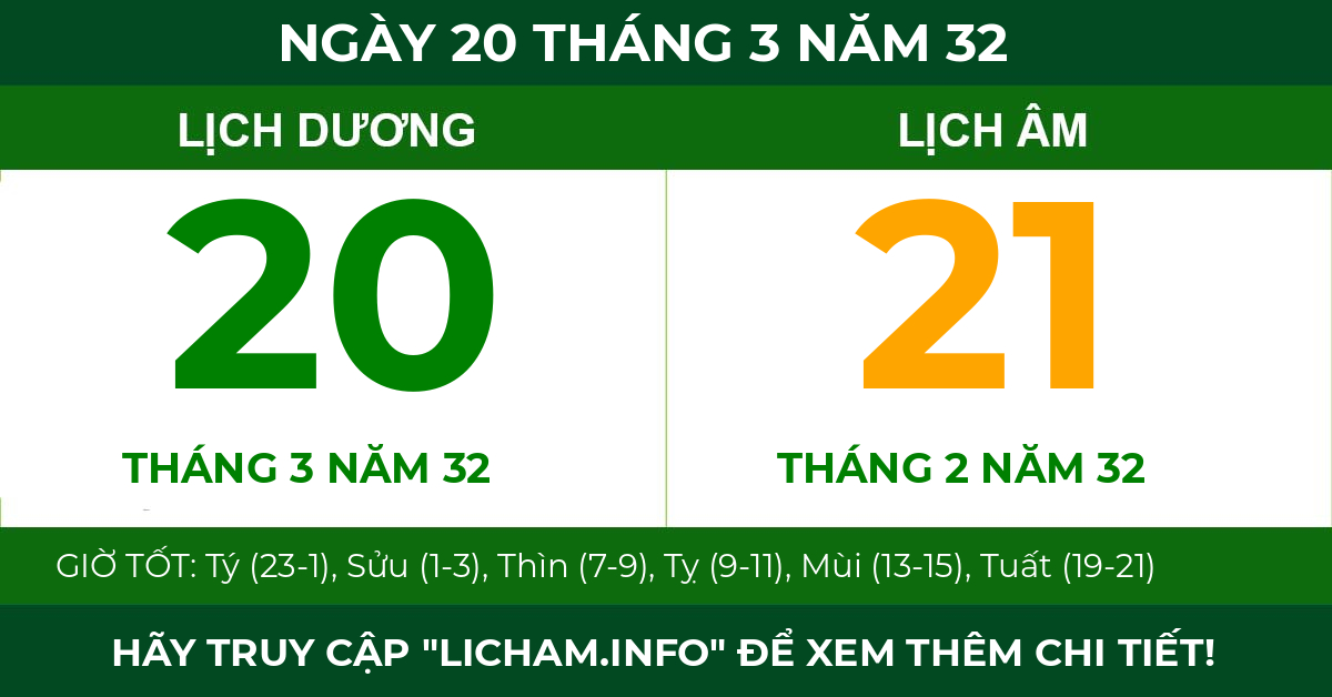 lịch âm ngày 20 tháng 3 năm 32