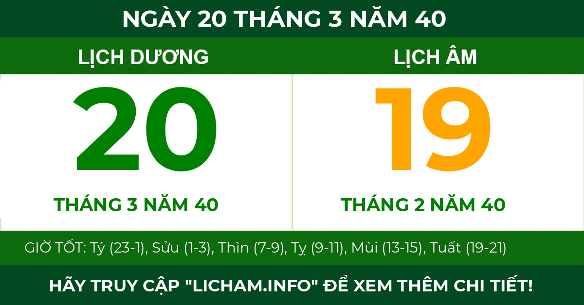 lịch âm ngày 20 tháng 3 năm 40