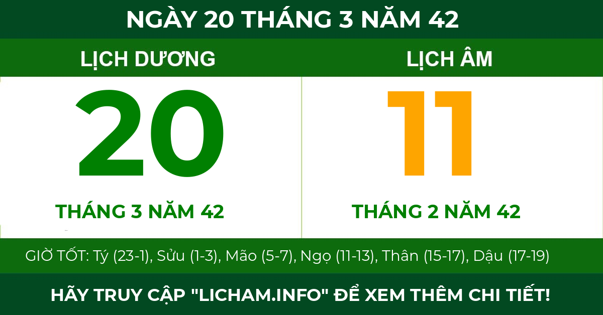 lịch âm ngày 20 tháng 3 năm 42