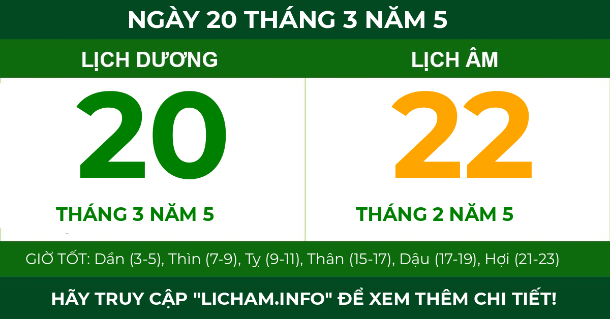 lịch âm ngày 20 tháng 3 năm 5