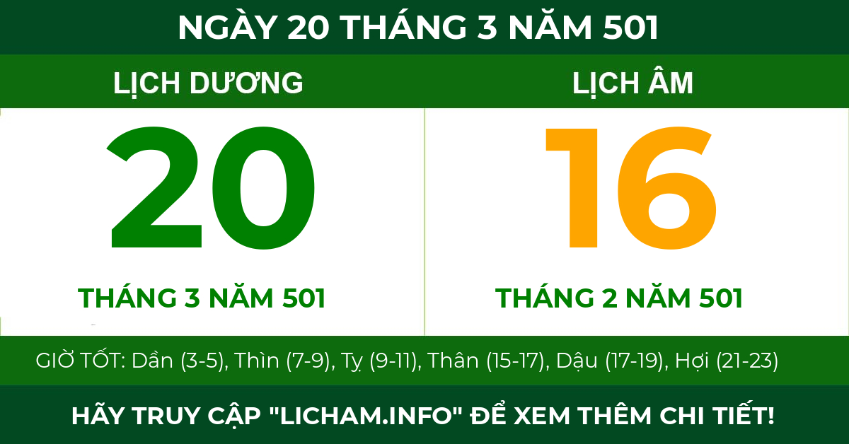 lịch âm ngày 20 tháng 3 năm 501