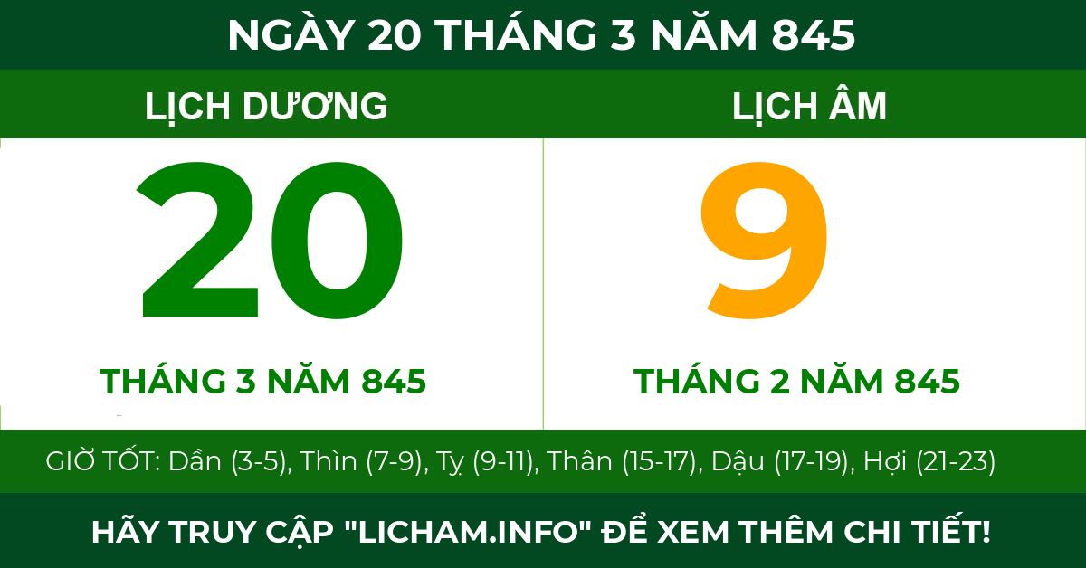 lịch âm ngày 20 tháng 3 năm 845