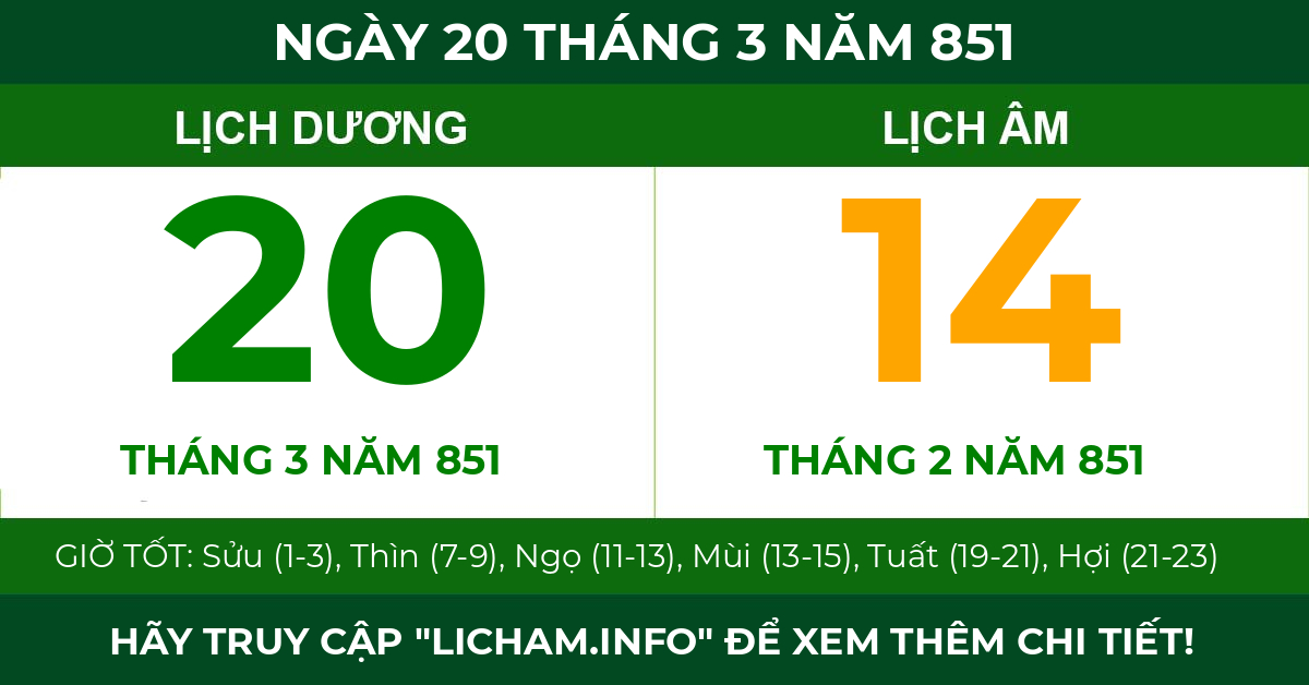 lịch âm ngày 20 tháng 3 năm 851