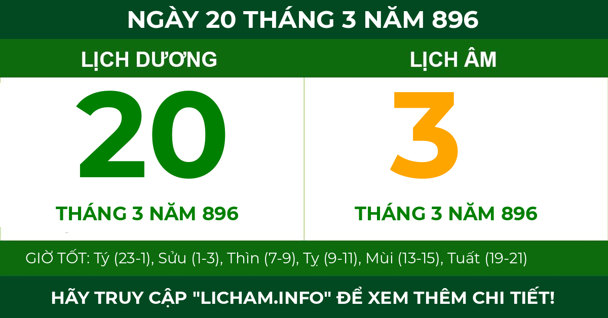 lịch âm ngày 20 tháng 3 năm 896