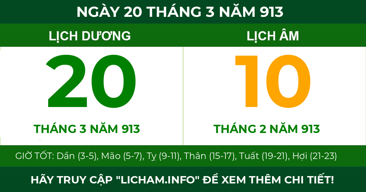 lịch âm ngày 20 tháng 3 năm 913
