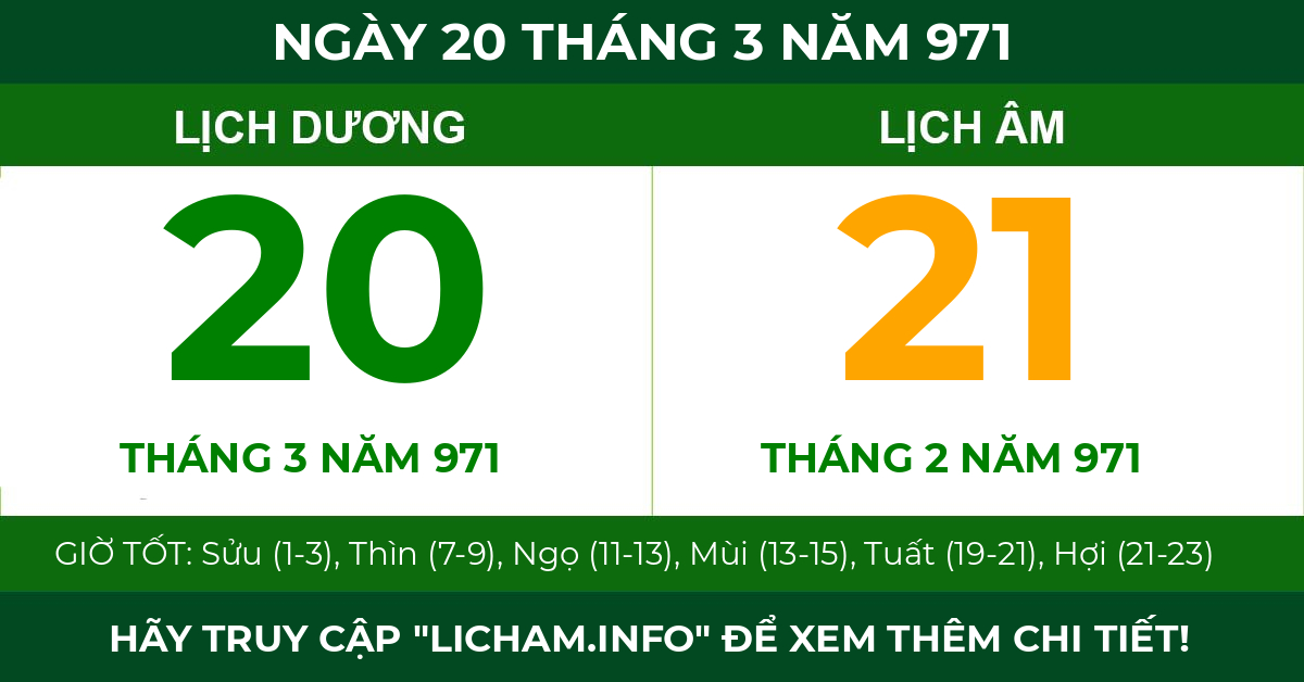 lịch âm ngày 20 tháng 3 năm 971