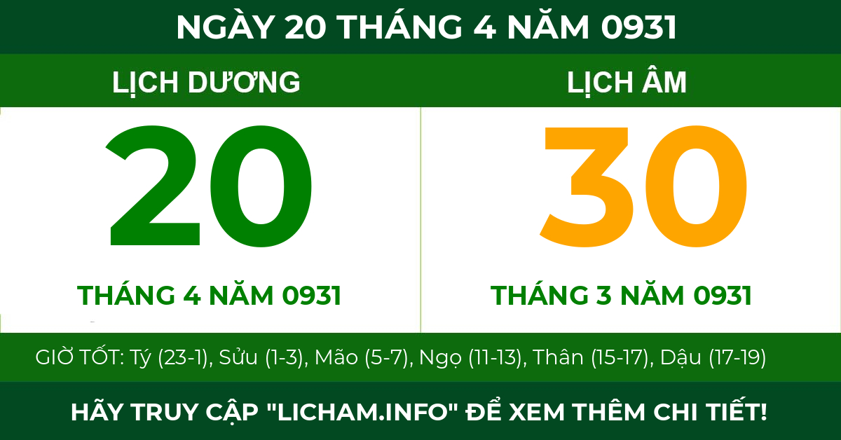lịch âm ngày 20 tháng 4 năm 0931