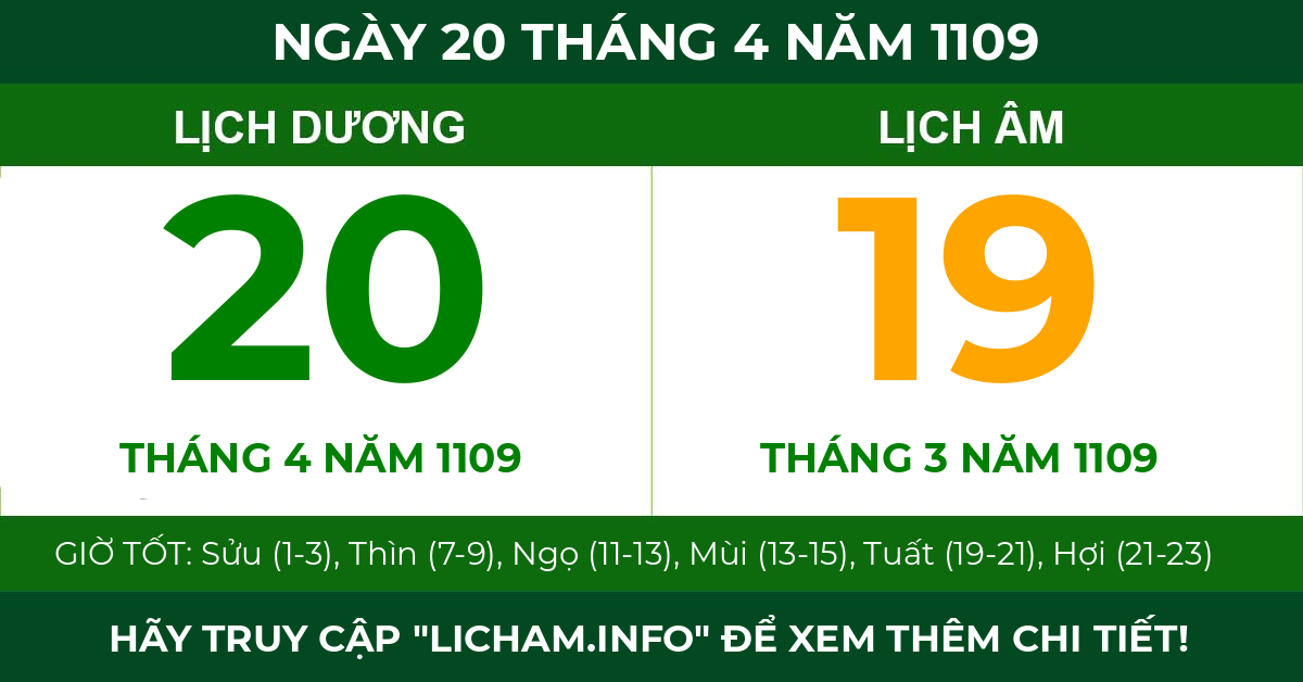 lịch âm ngày 20 tháng 4 năm 1109