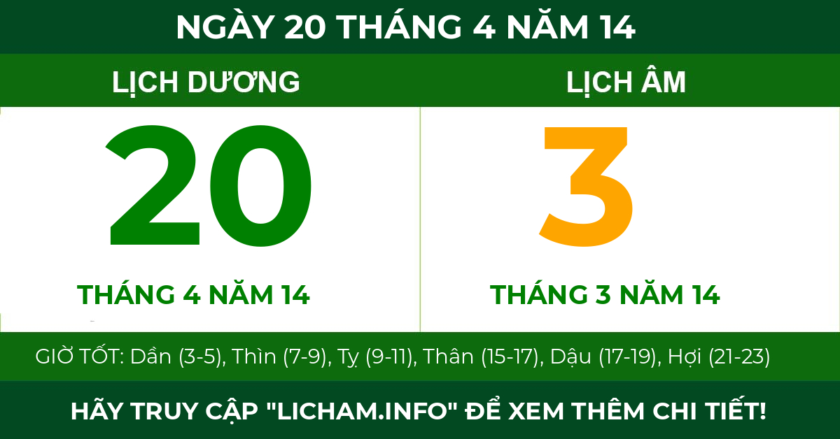 lịch âm ngày 20 tháng 4 năm 14