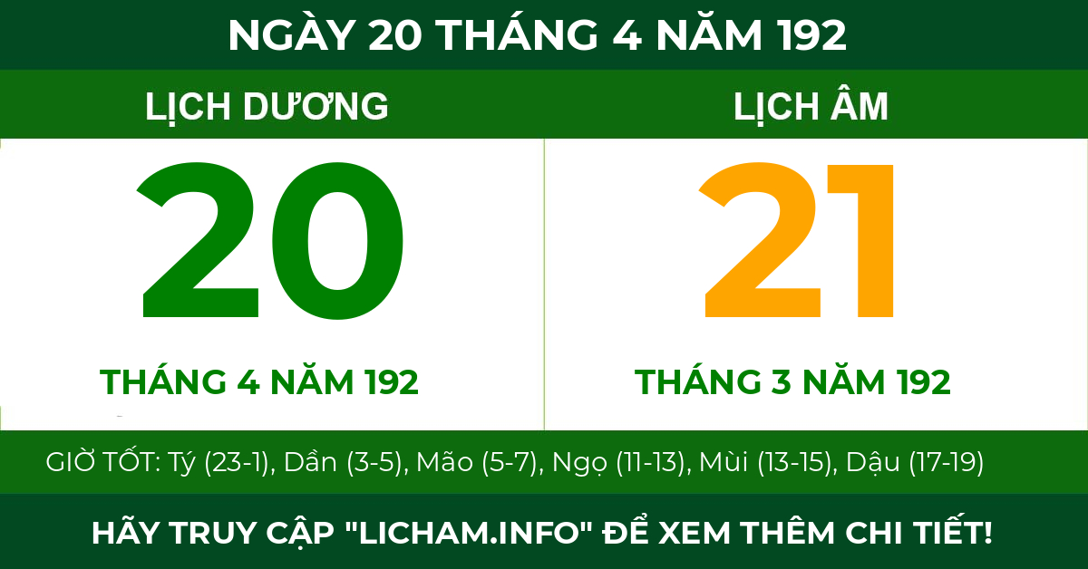 lịch âm ngày 20 tháng 4 năm 192