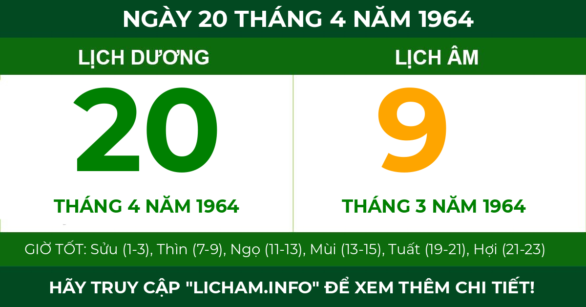 lịch âm ngày 20 tháng 4 năm 1964