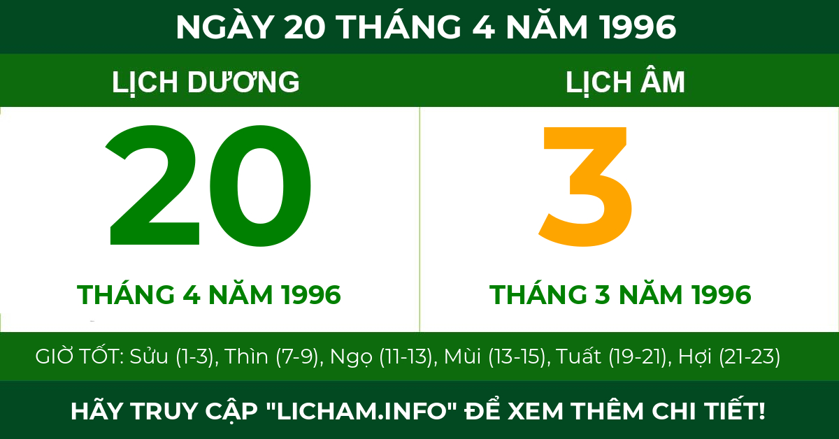 lịch âm ngày 20 tháng 4 năm 1996