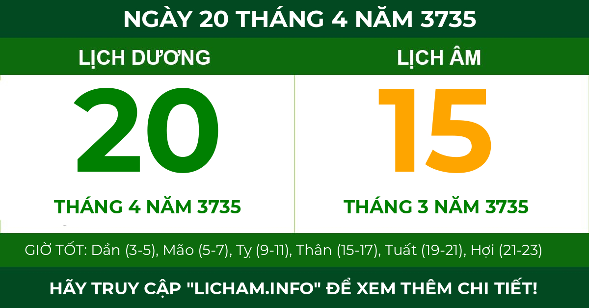 lịch âm ngày 20 tháng 4 năm 3735