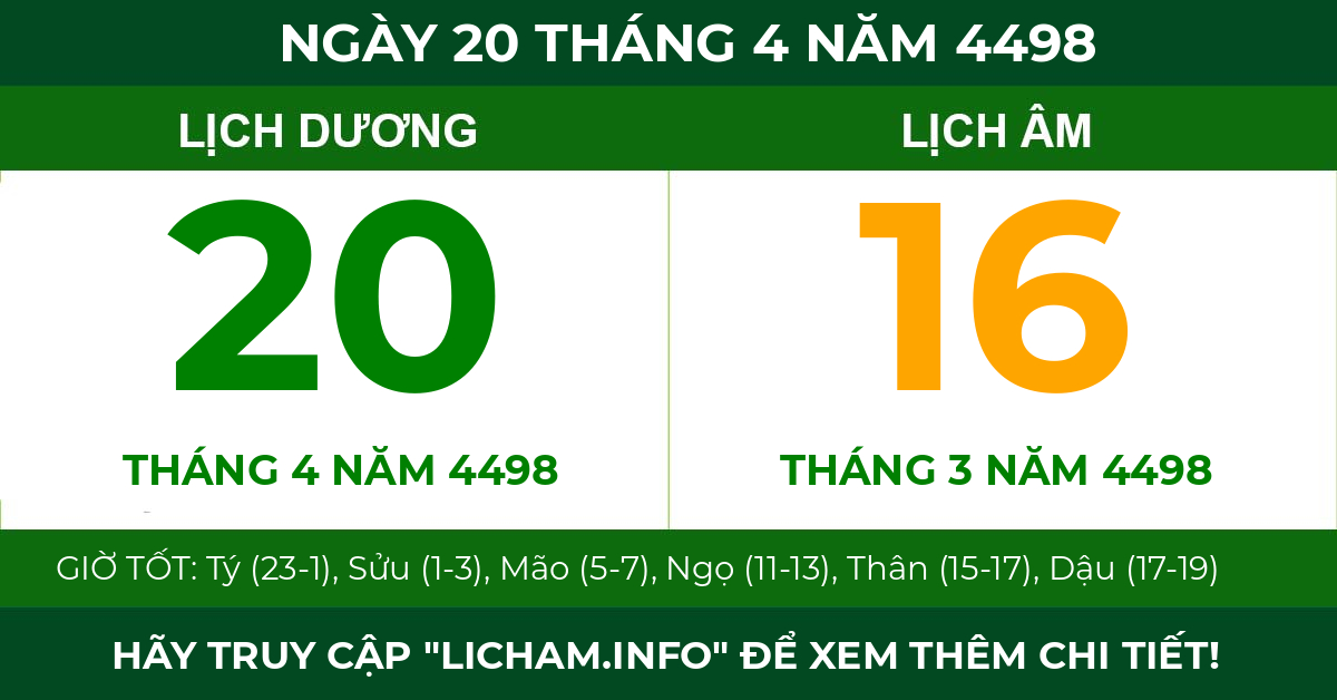 lịch âm ngày 20 tháng 4 năm 4498